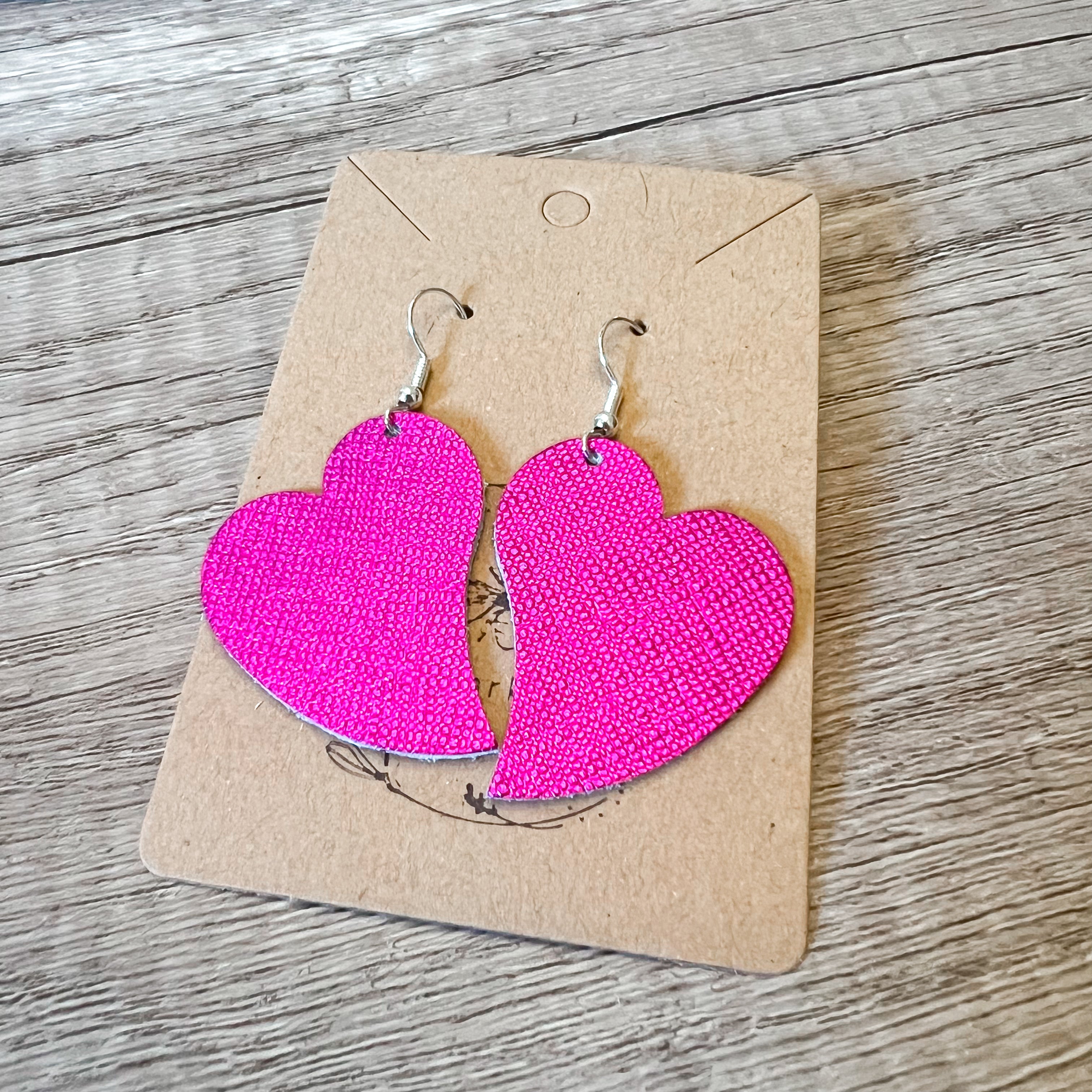 Handmade Genuine Leather Valentine Heart Love Pink Shimmer Earrings