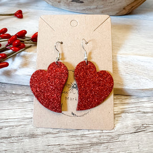 Handmade Genuine Leather Valentine Heart Love Red Glitter Earring