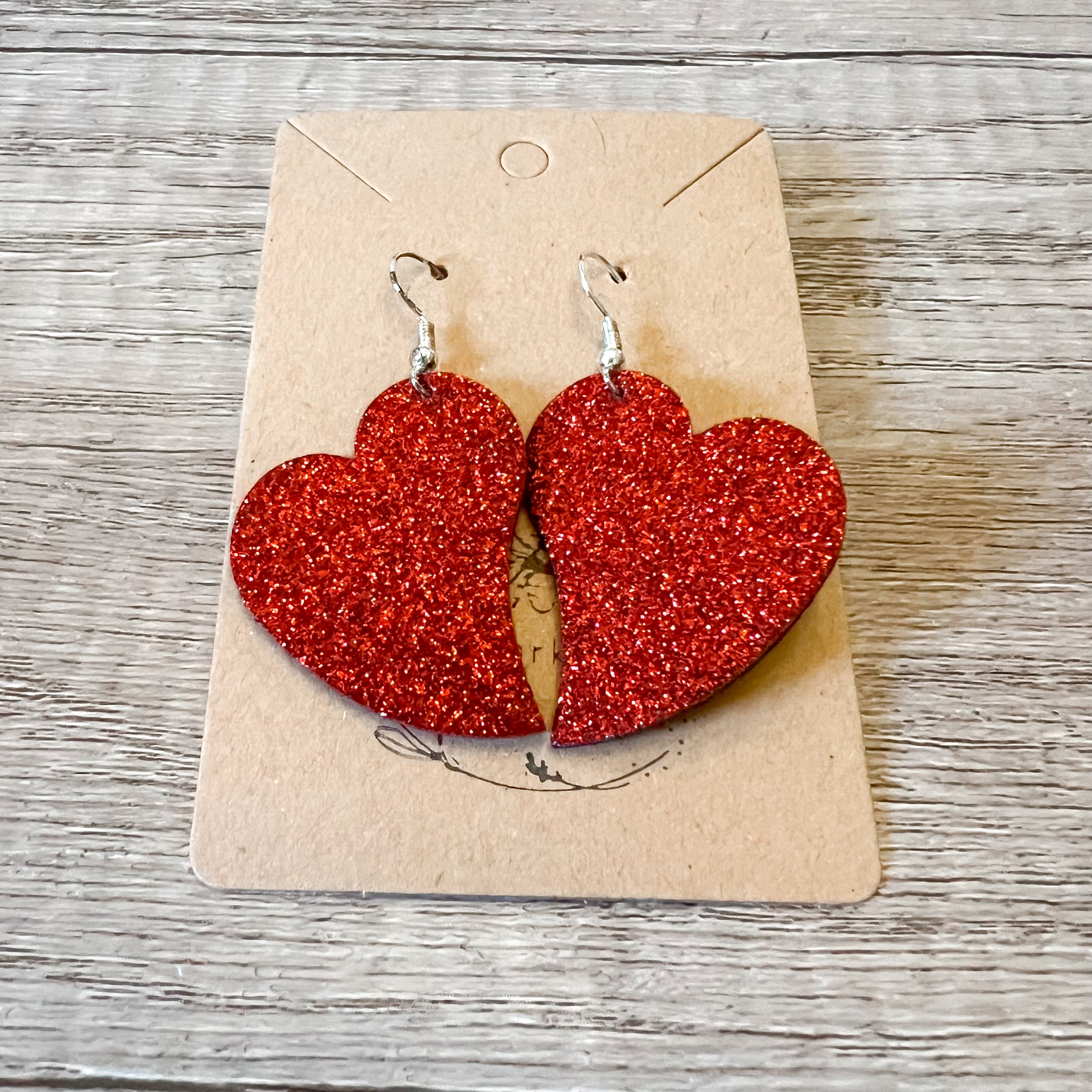 Handmade Genuine Leather Valentine Heart Love Red Glitter Earring