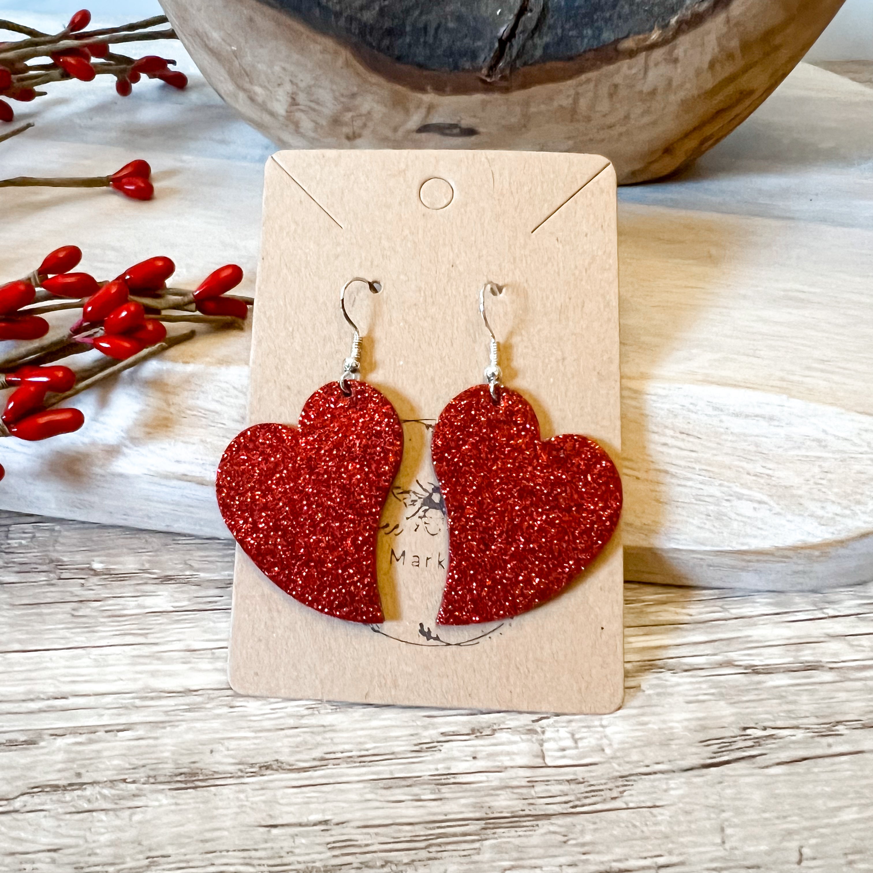 Handmade Genuine Leather Valentine Heart Love Red Glitter Earring