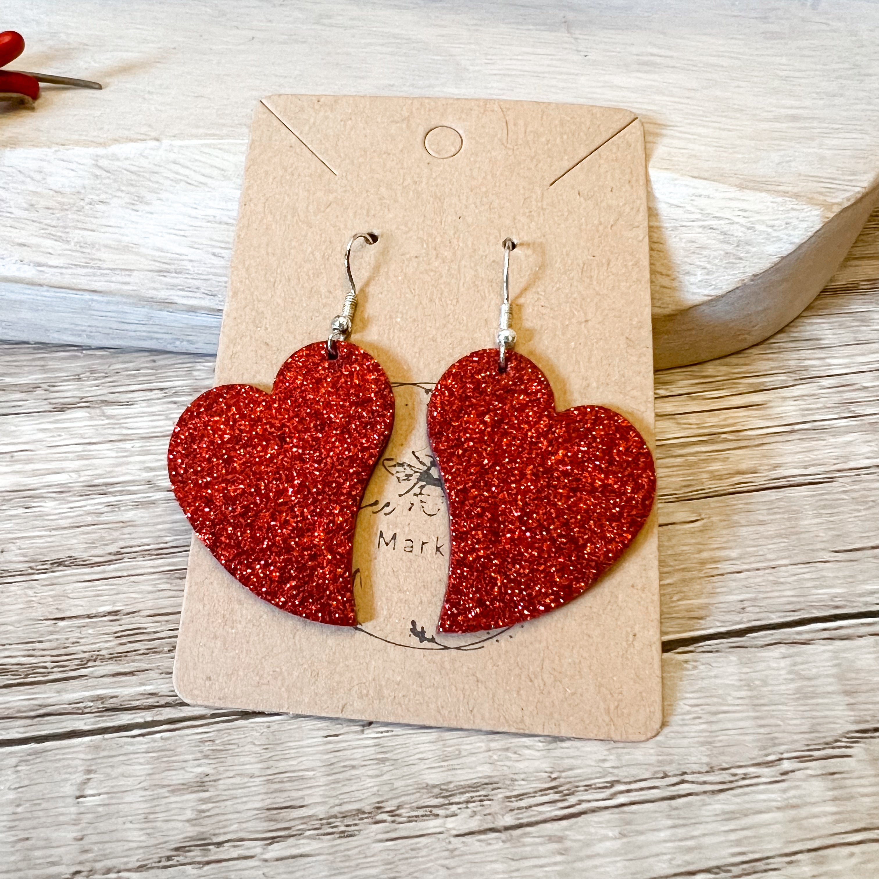 Handmade Genuine Leather Valentine Heart Love Red Glitter Earring