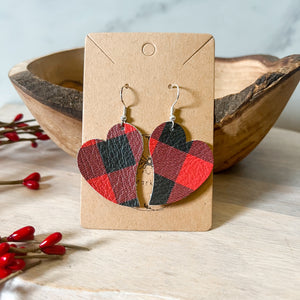 Handmade Genuine Leather Valentine Heart Love Buffalo Plaid Earrings