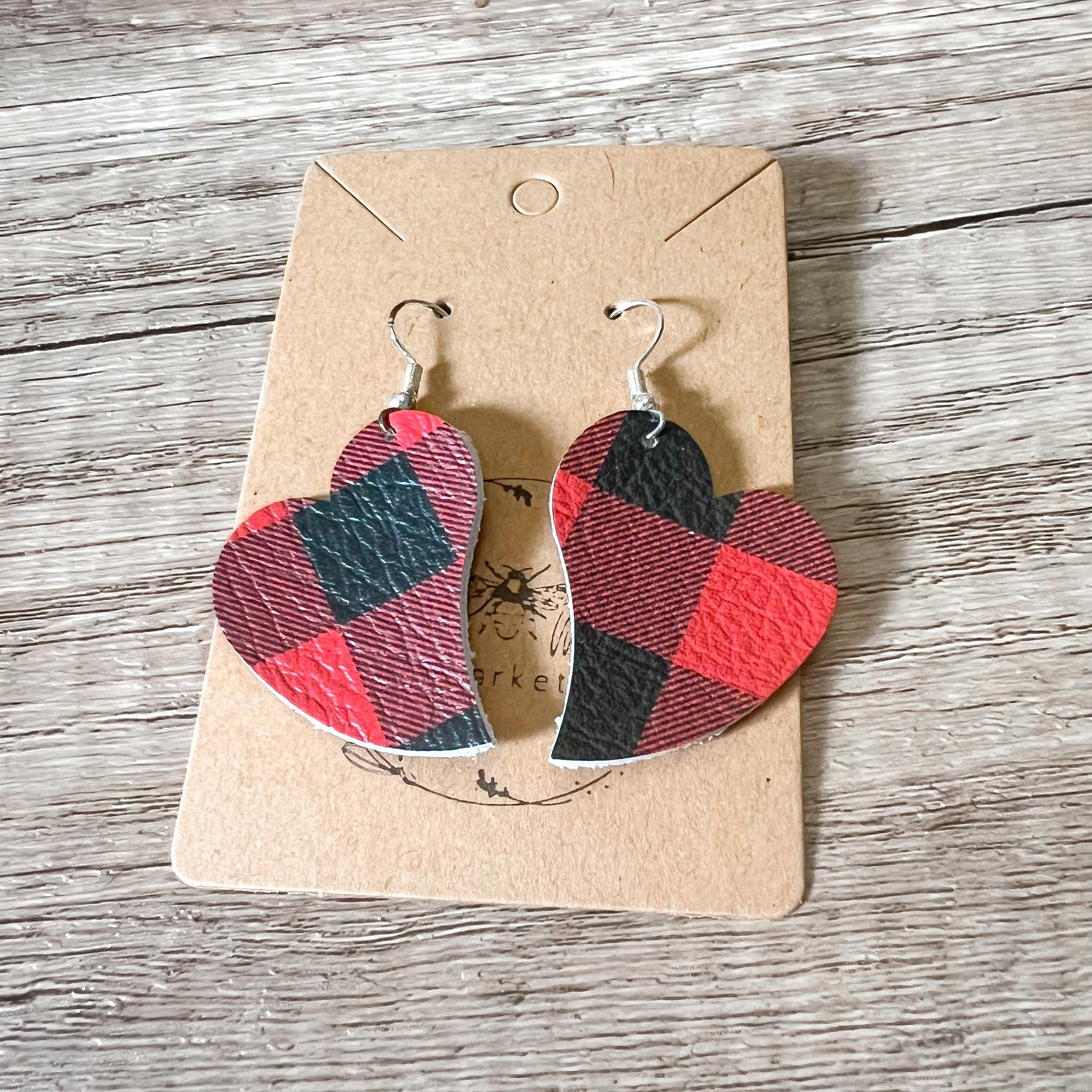 Handmade Genuine Leather Valentine Heart Love Buffalo Plaid Earrings