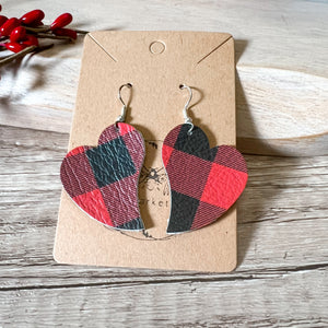 Handmade Genuine Leather Valentine Heart Love Buffalo Plaid Earrings