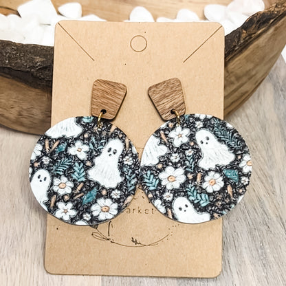 Ghost & Flowers Round Leather Drop Earrings