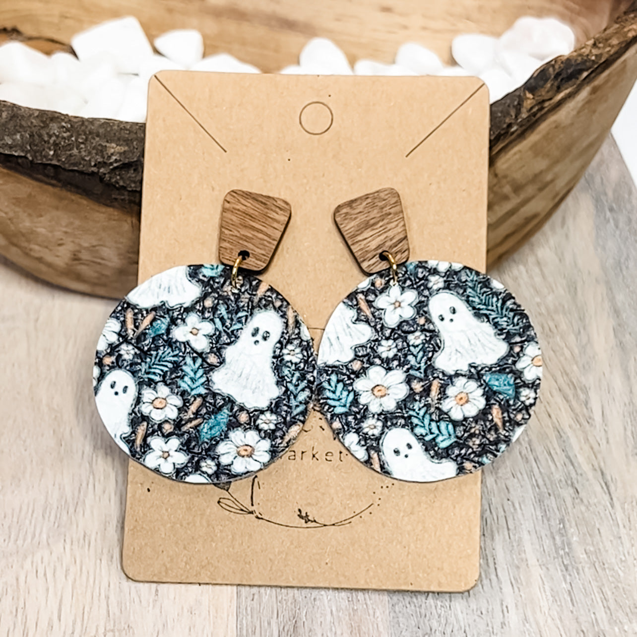 Ghost & Flowers Round Leather Drop Earrings