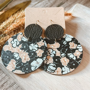 Black Floral Tiered Leather Statement Earrings