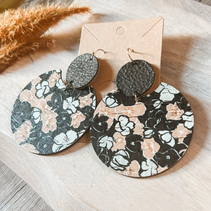Black Floral Tiered Leather Statement Earrings