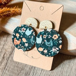 Chic Chicken & Floral Leather Statement Earrings
