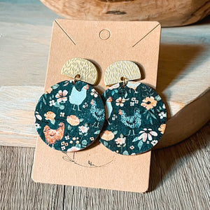 Chic Chicken & Floral Leather Statement Earrings