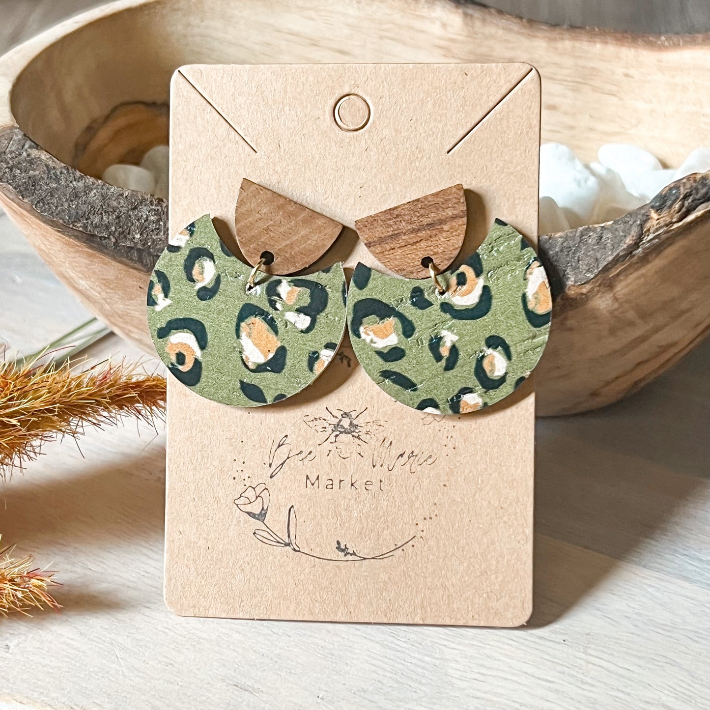 Olive Green Leopard Spot Leather Earrings