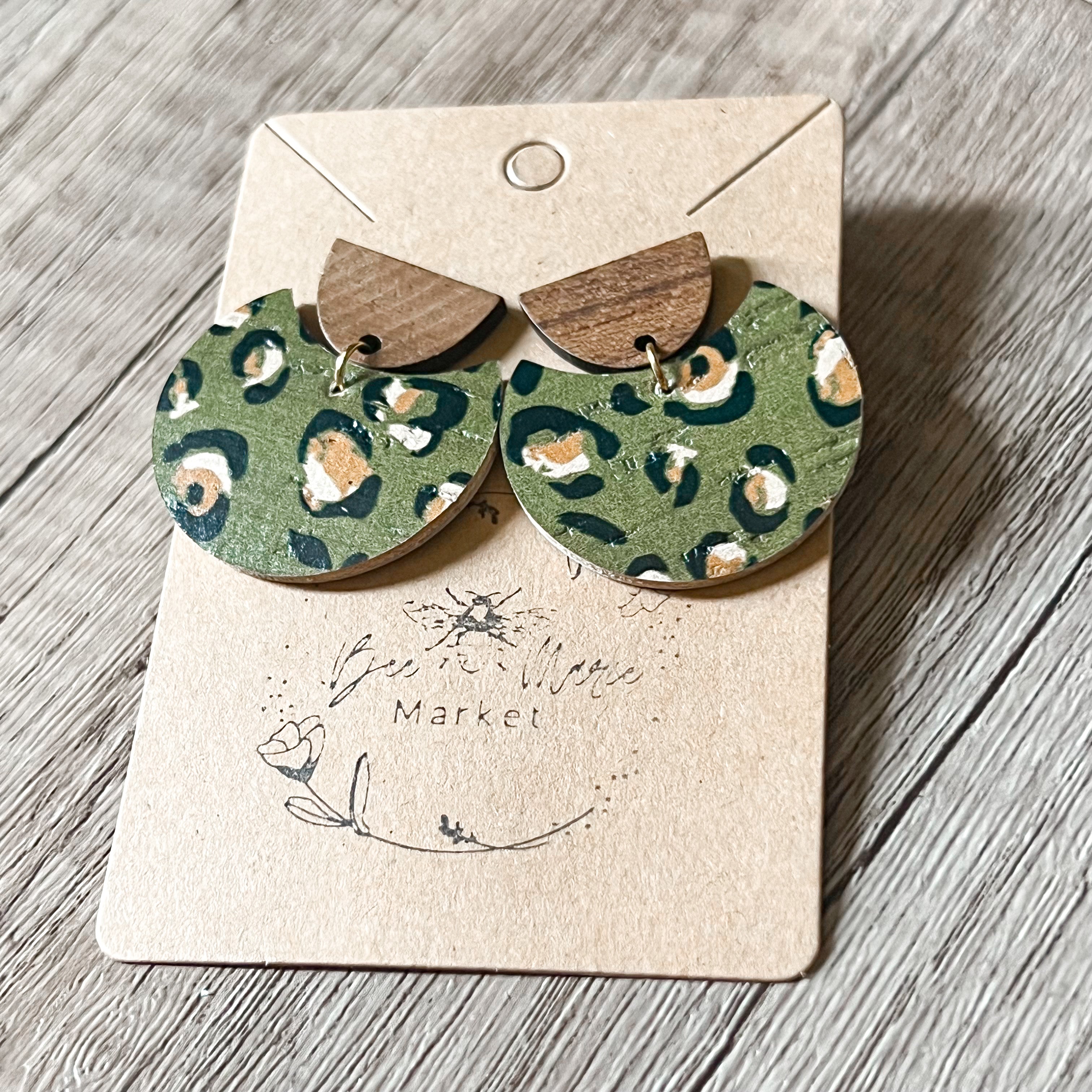 Olive Green Leopard Spot Leather Earrings
