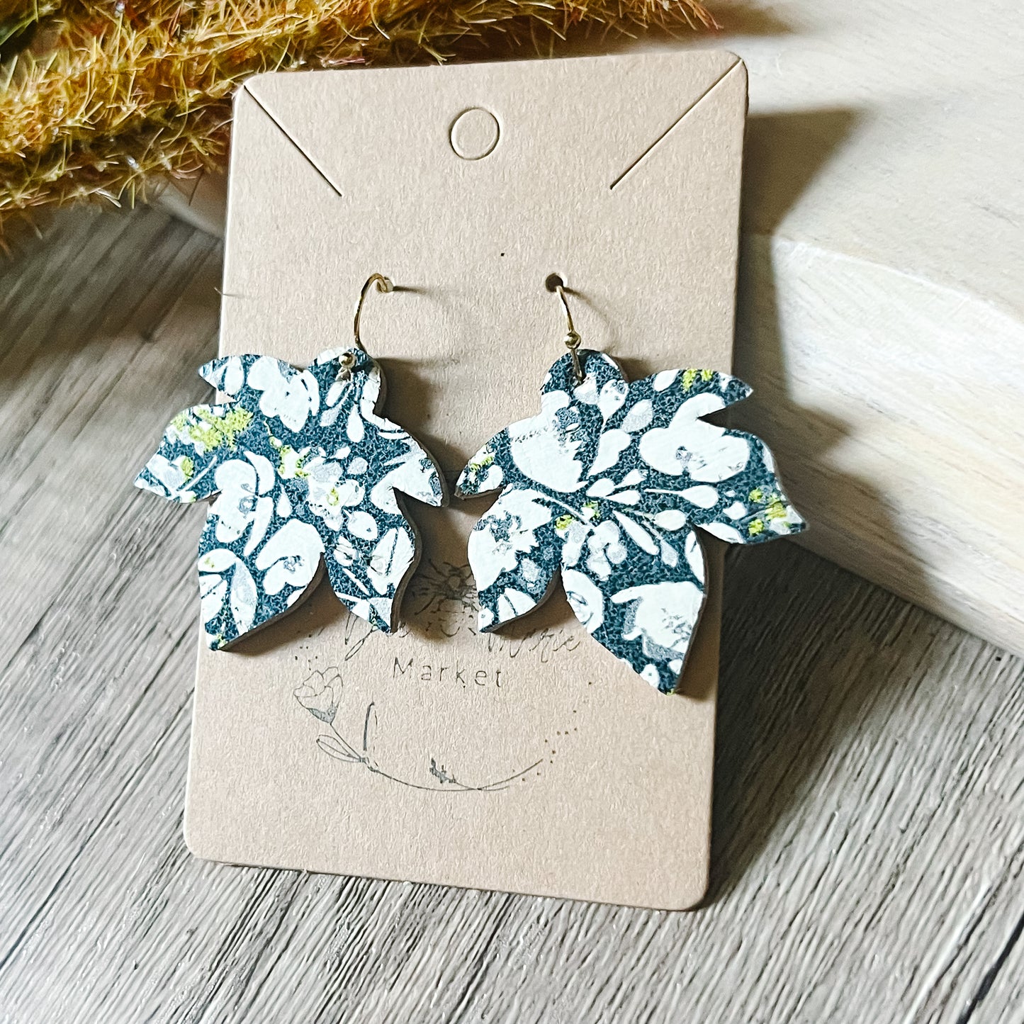 Navy & White Poppies Leaf Earrings