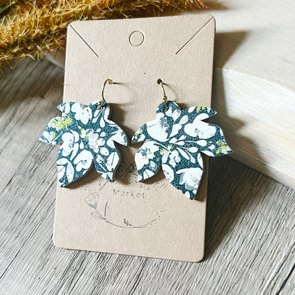 Navy & White Poppies Leaf Earrings