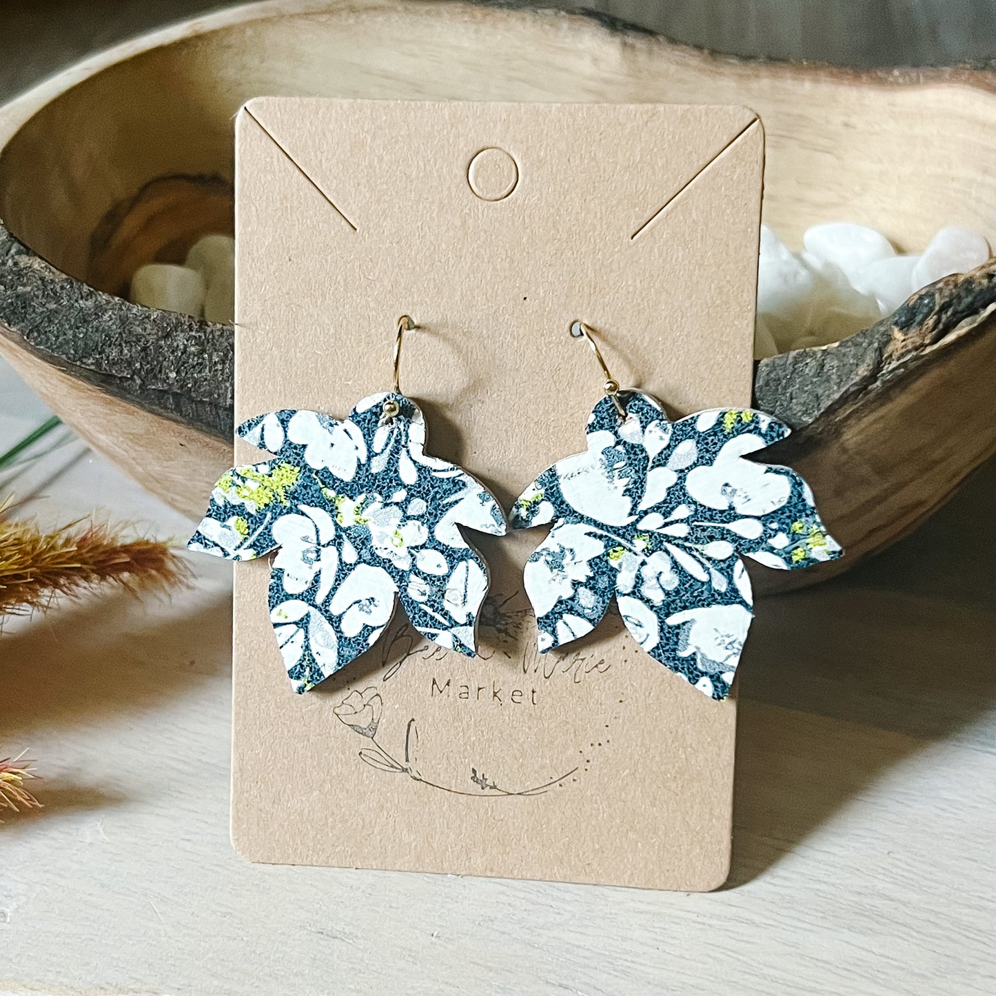 Navy & White Poppies Leaf Earrings