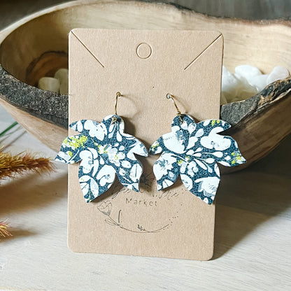 Navy & White Poppies Leaf Earrings