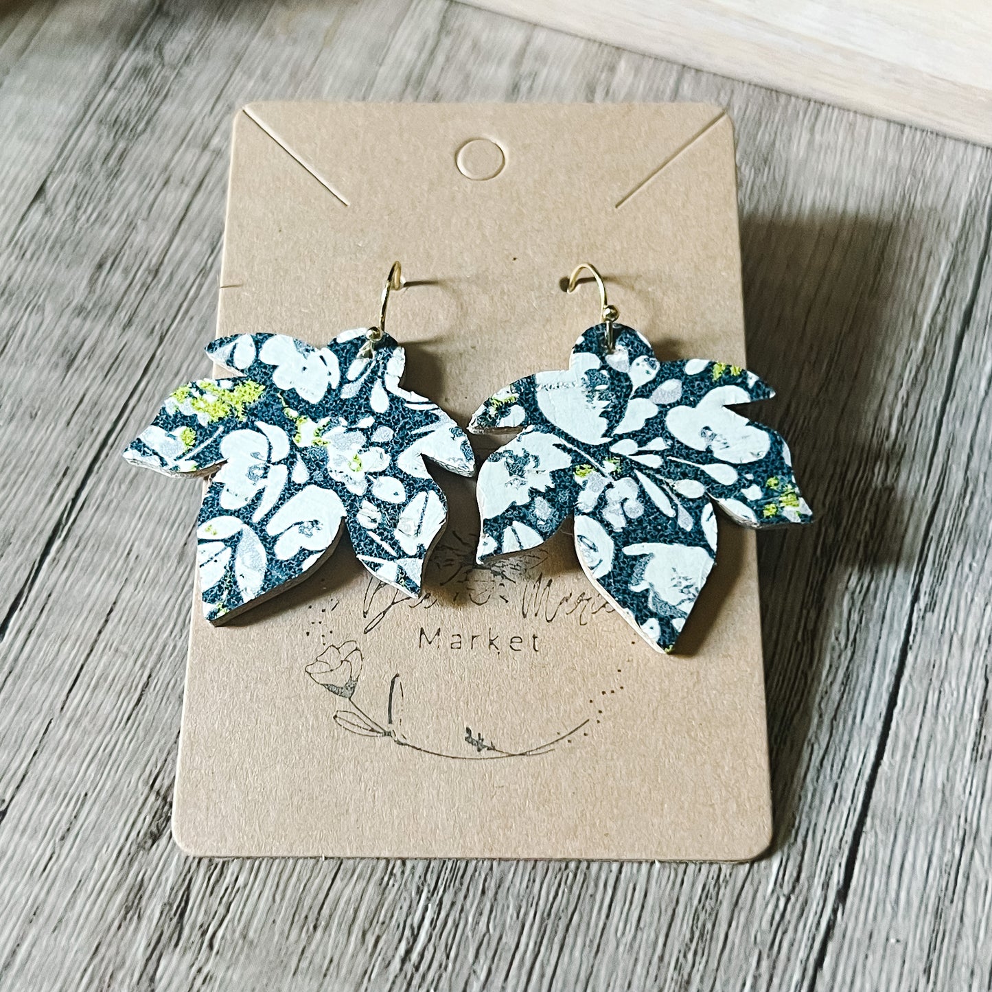 Navy & White Poppies Leaf Earrings