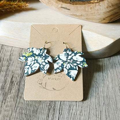 Navy & White Poppies Leaf Earrings