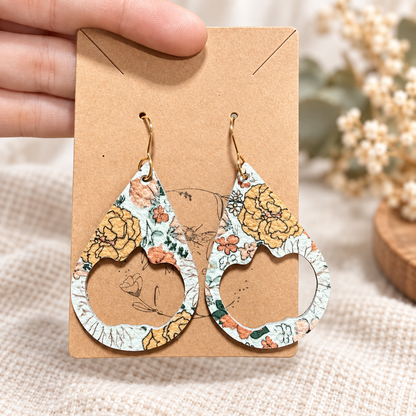 Cream autumn floral teardrop earrings with pumpkin shaped cutouts
