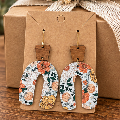 Autumn floral wood top open arch earrings styled with a gift box