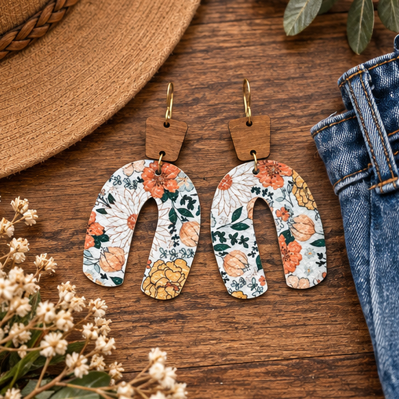 Autumn floral wood top open arch earrings with coordinated fall outfit