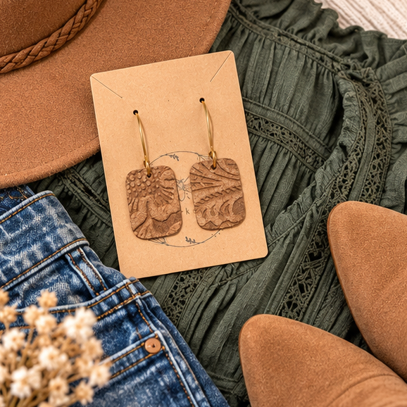 Brown embossed leather rectangle earrings with boutique outfit flat lay