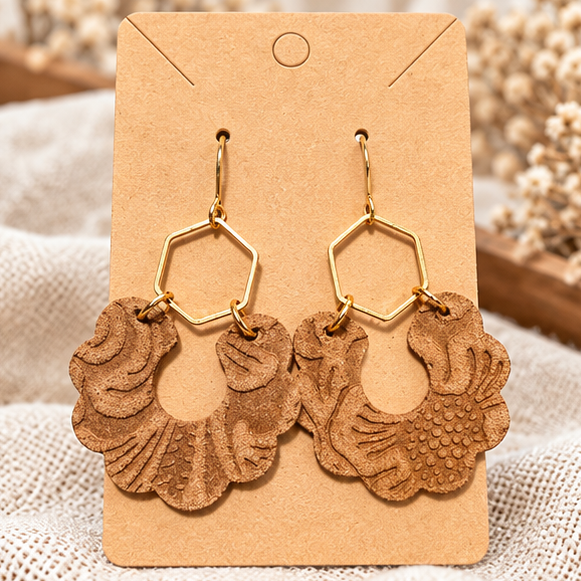 Brown leather and lace scallop earrings on display card