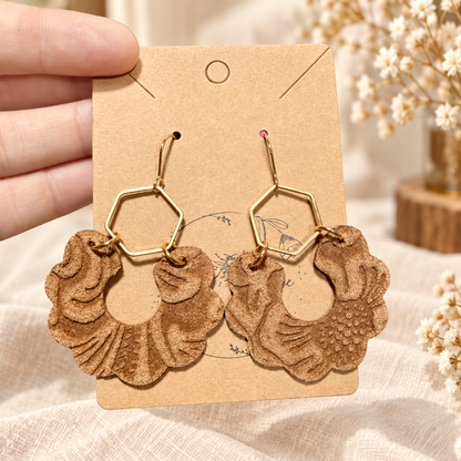 Brown embossed leather scallop earrings with gold hexagon connectors