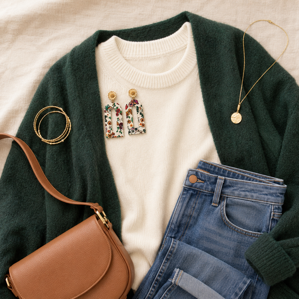 Cream floral arch earrings styled with an ivory top, green cardigan, denim and tan bag.