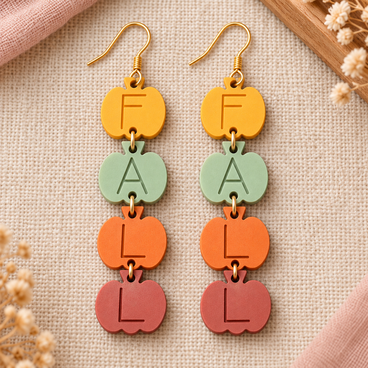 Colorful stacked pumpkin earrings spelling FALL with gold-tone stainless steel hooks