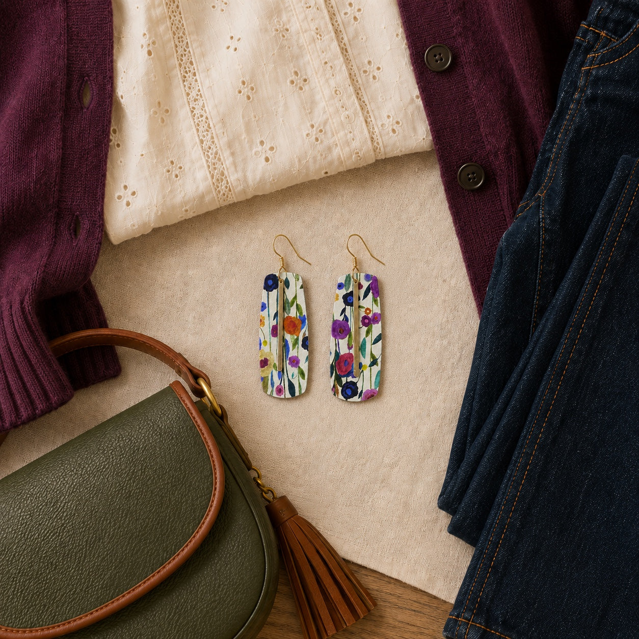 Floral bar earrings styled with an ivory blouse, plum cardigan, jeans, and green bag.