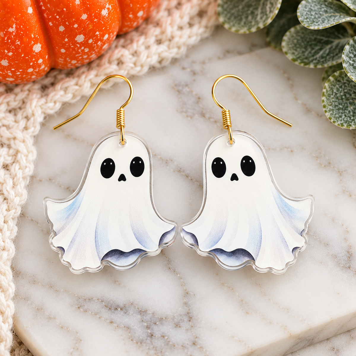 White ghost acrylic Halloween earrings with gold stainless steel hooks
