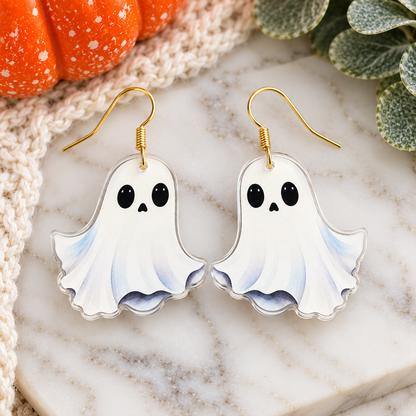 White ghost acrylic Halloween earrings with gold stainless steel hooks