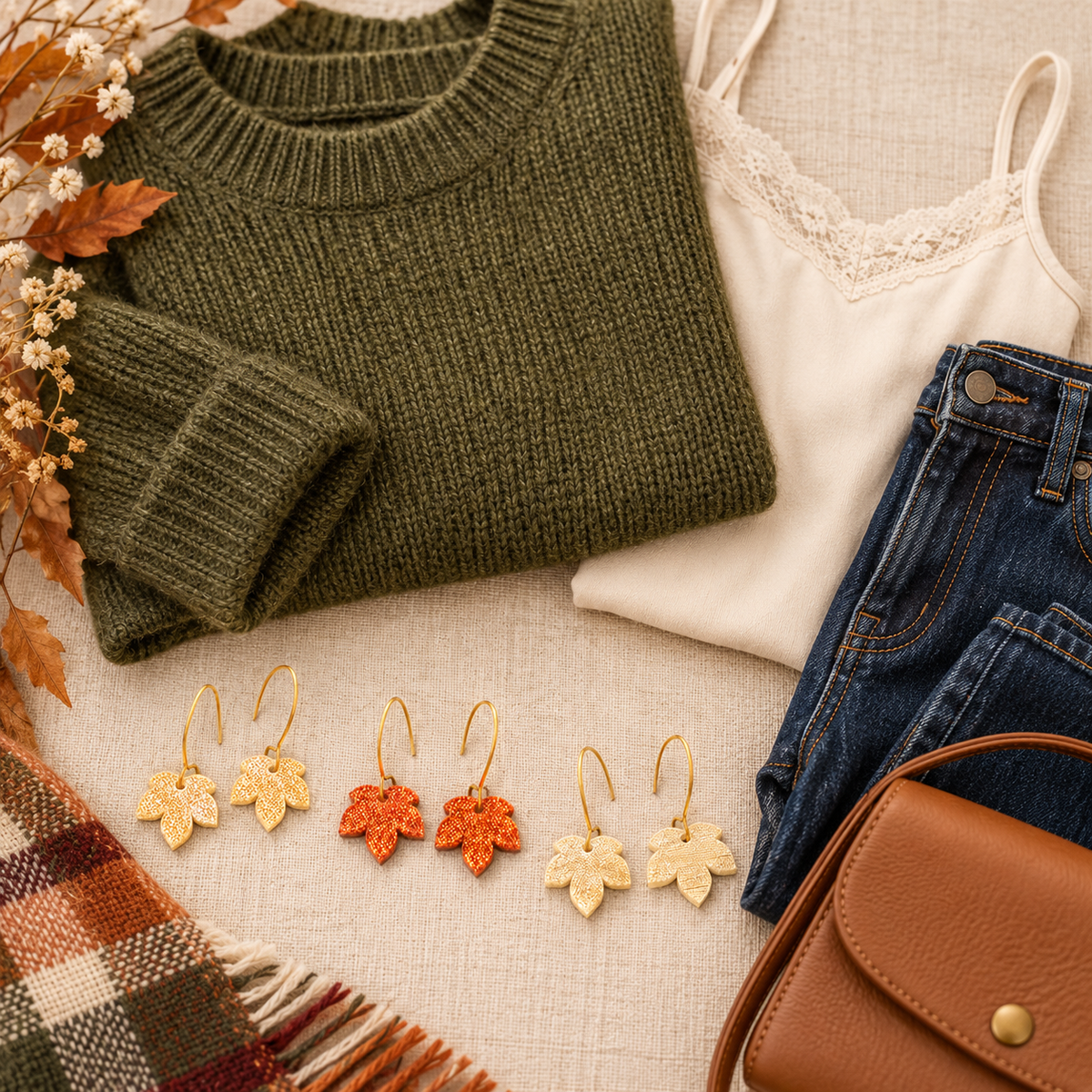 Three colors of petite acrylic leaf earrings styled with an olive sweater, cream top, dark jeans, and cognac bag