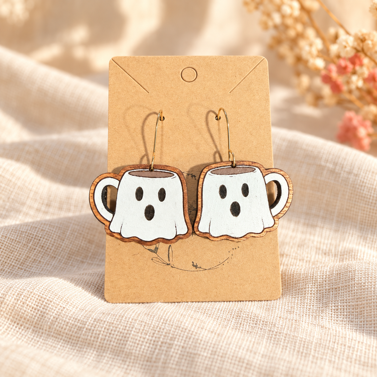 Hand-painted wood ghost mug earrings with gold-tone stainless steel hooks