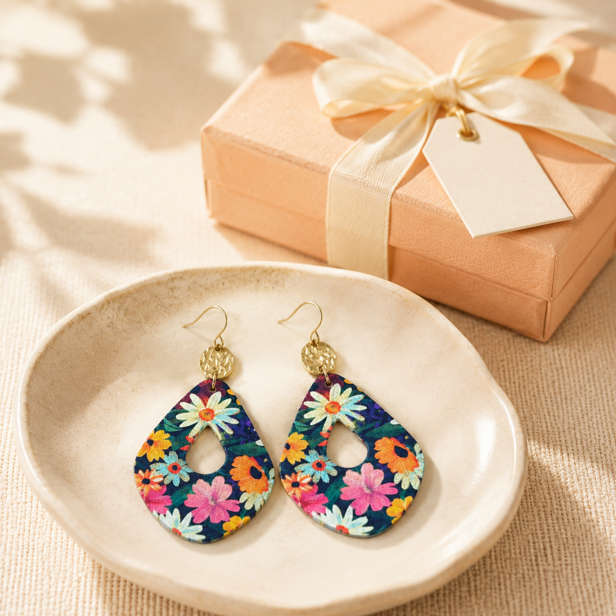 Floral teardrop earrings styled beside a peach gift box with cream ribbon.