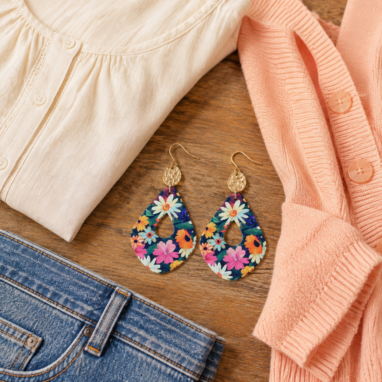 Floral earrings styled with a cream blouse, peach cardigan, and blue jeans.
