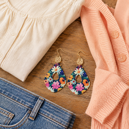 Floral earrings styled with a cream blouse, peach cardigan, and blue jeans.