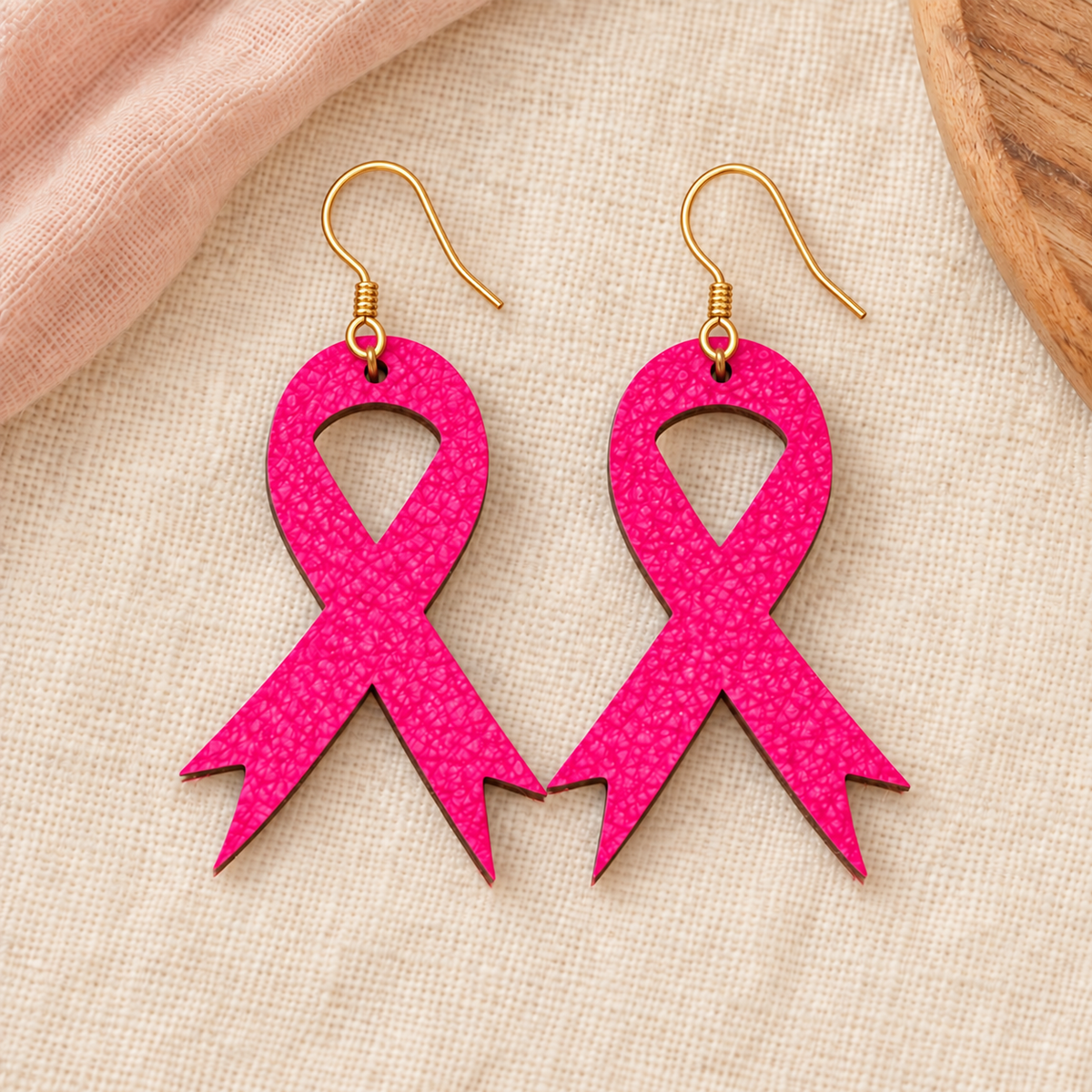 Hot pink awareness ribbon earrings with gold hooks on an ivory boutique background.