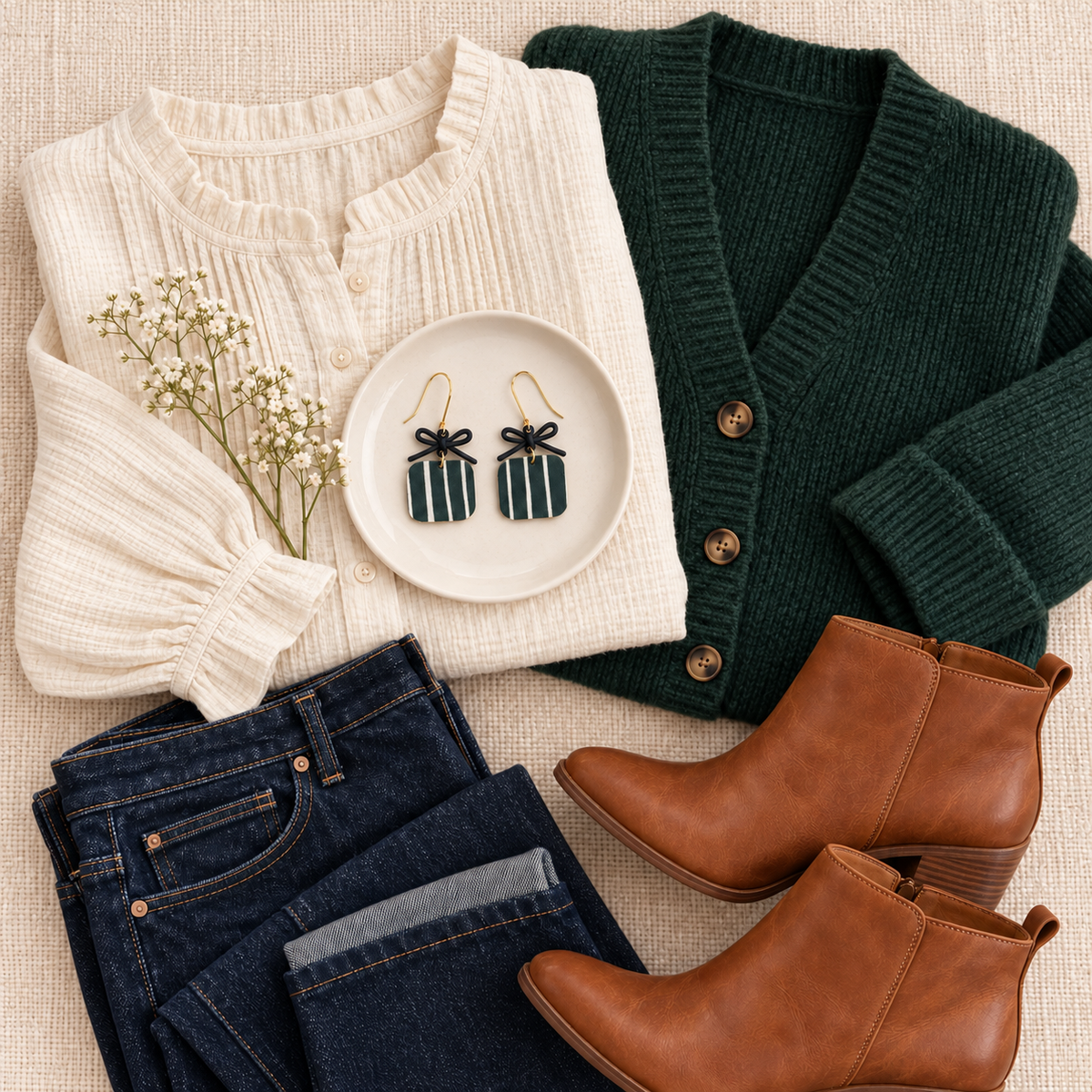 Hunter green striped bow earrings with a coordinating cream, green and denim outfit.