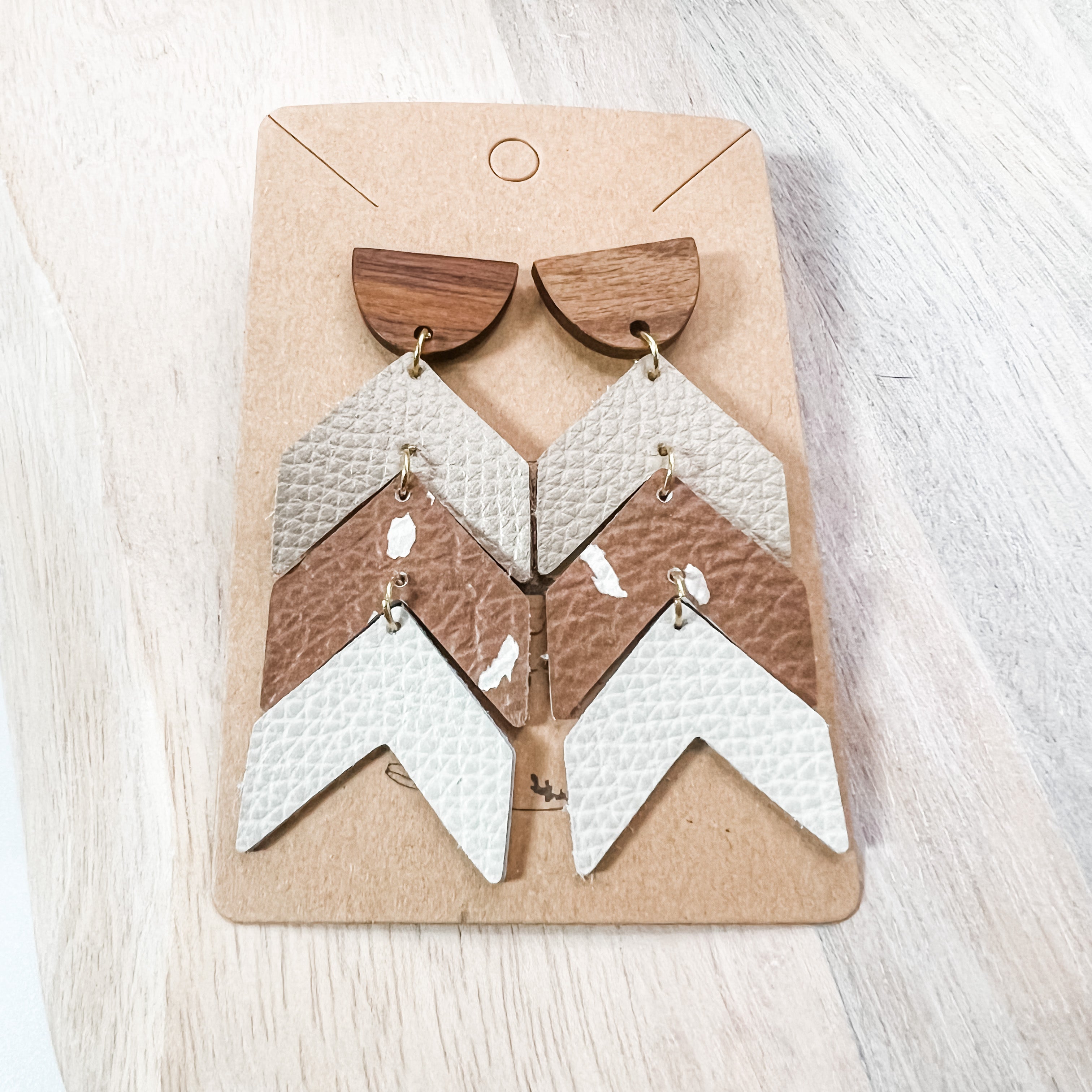 Tiered Animal Print Cork on Leather Cream, Champagne, and Caramel Arrow Earrings