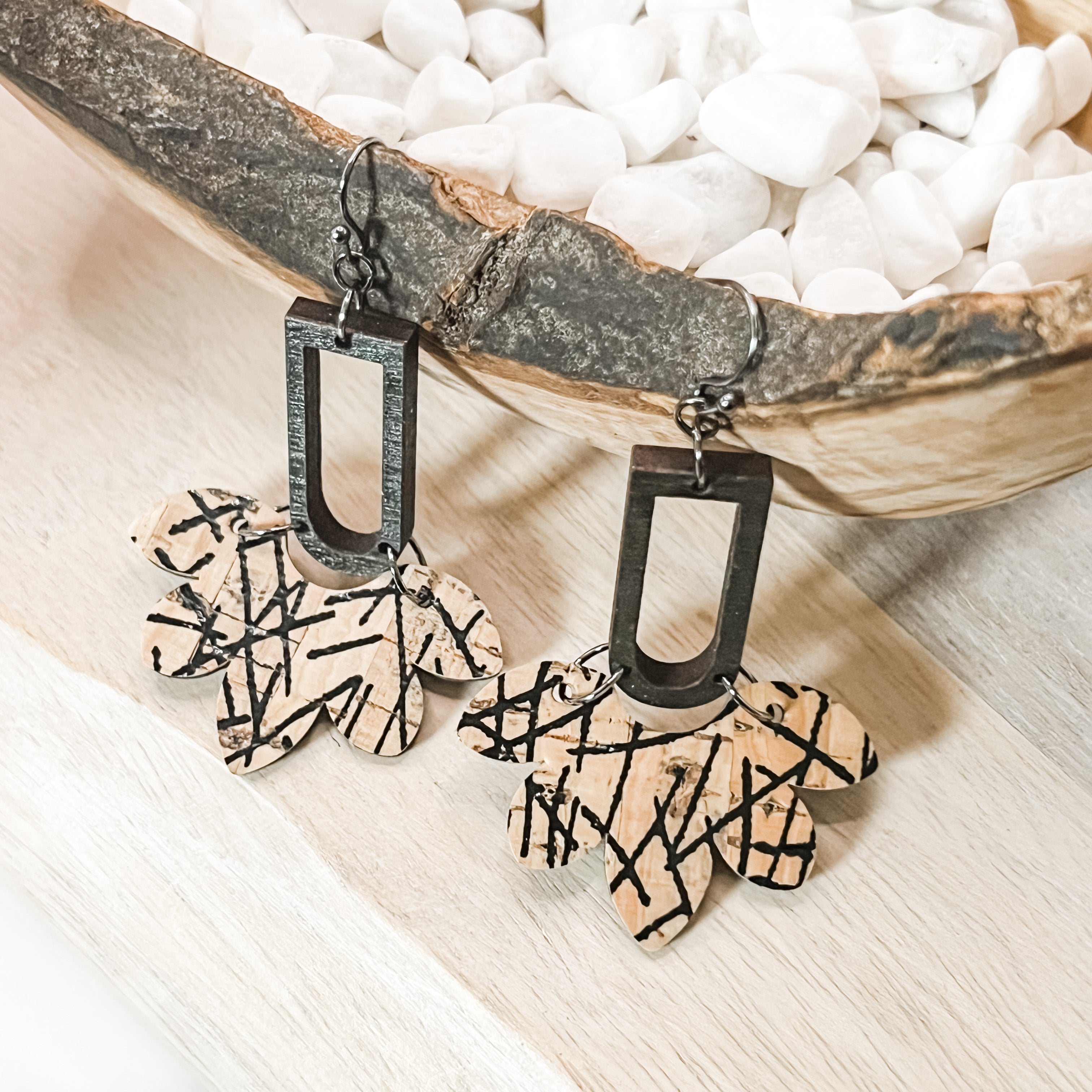 Black Haystacks & Arched Wood Window Leather Earrings