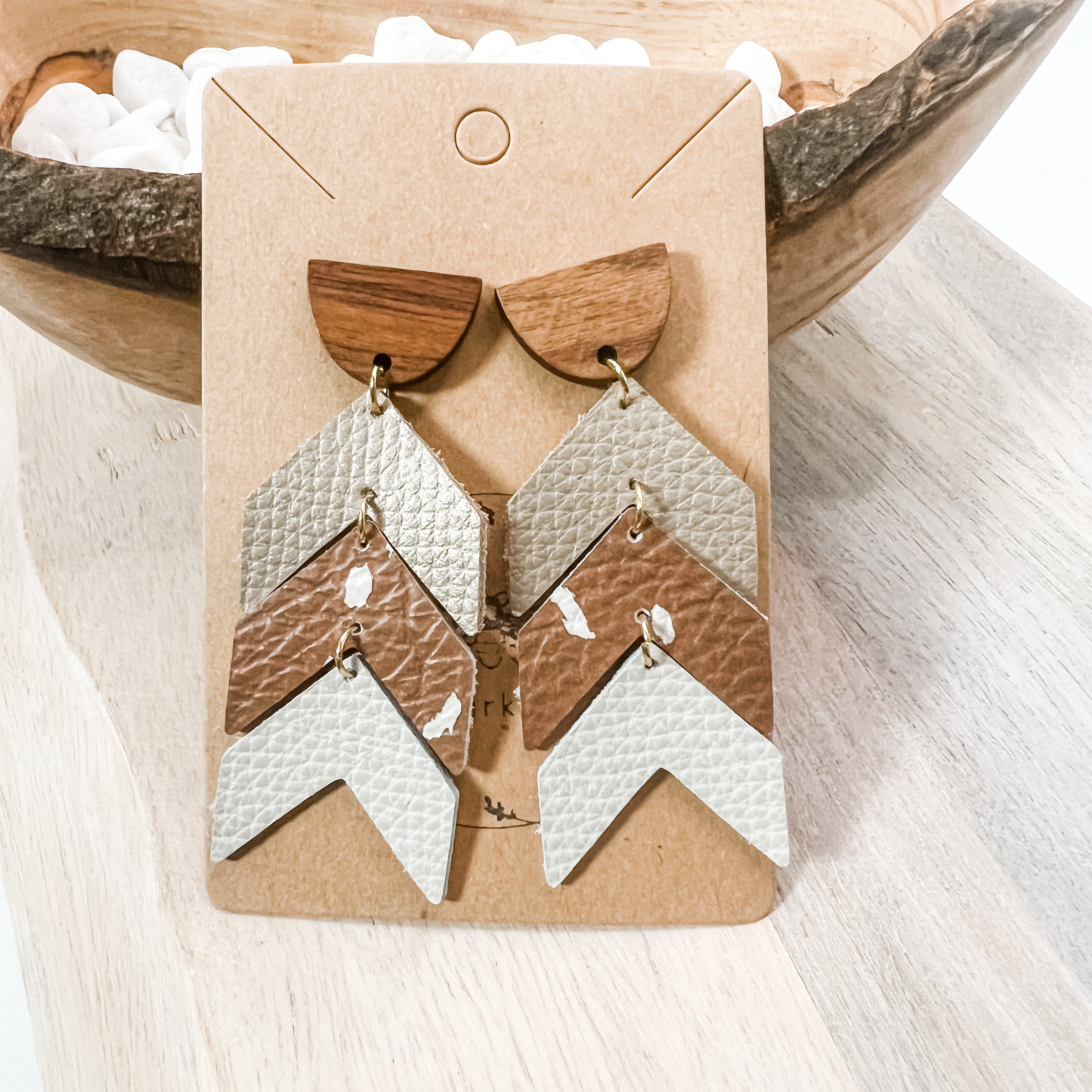 Tiered Animal Print Cork on Leather Cream, Champagne, and Caramel Arrow Earrings