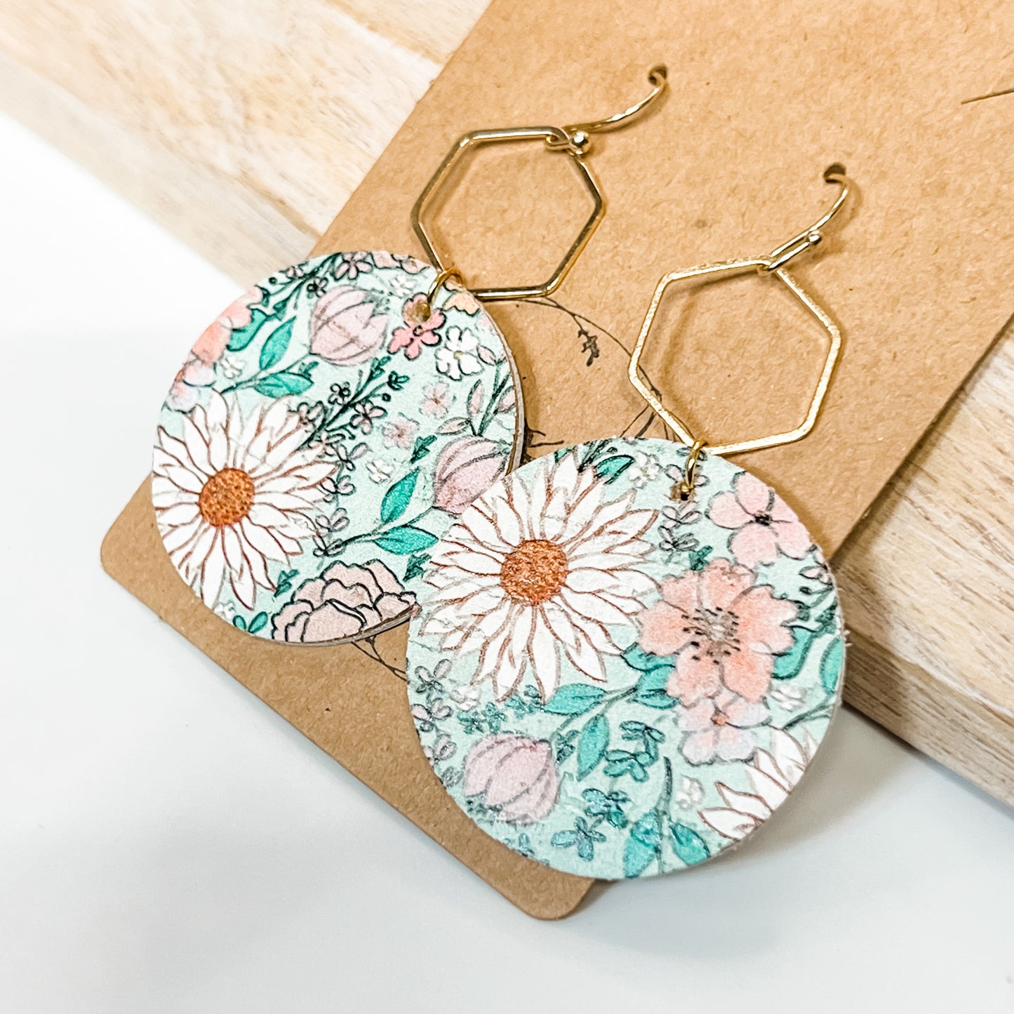 Handmade Genuine Leather Round Flower Earrings