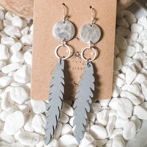 Silver Disc & Gray Leather Feather Earrings