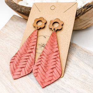 Handmade CORAL PINK Fishtail Braided Leather POINTED Teardrop Earrings