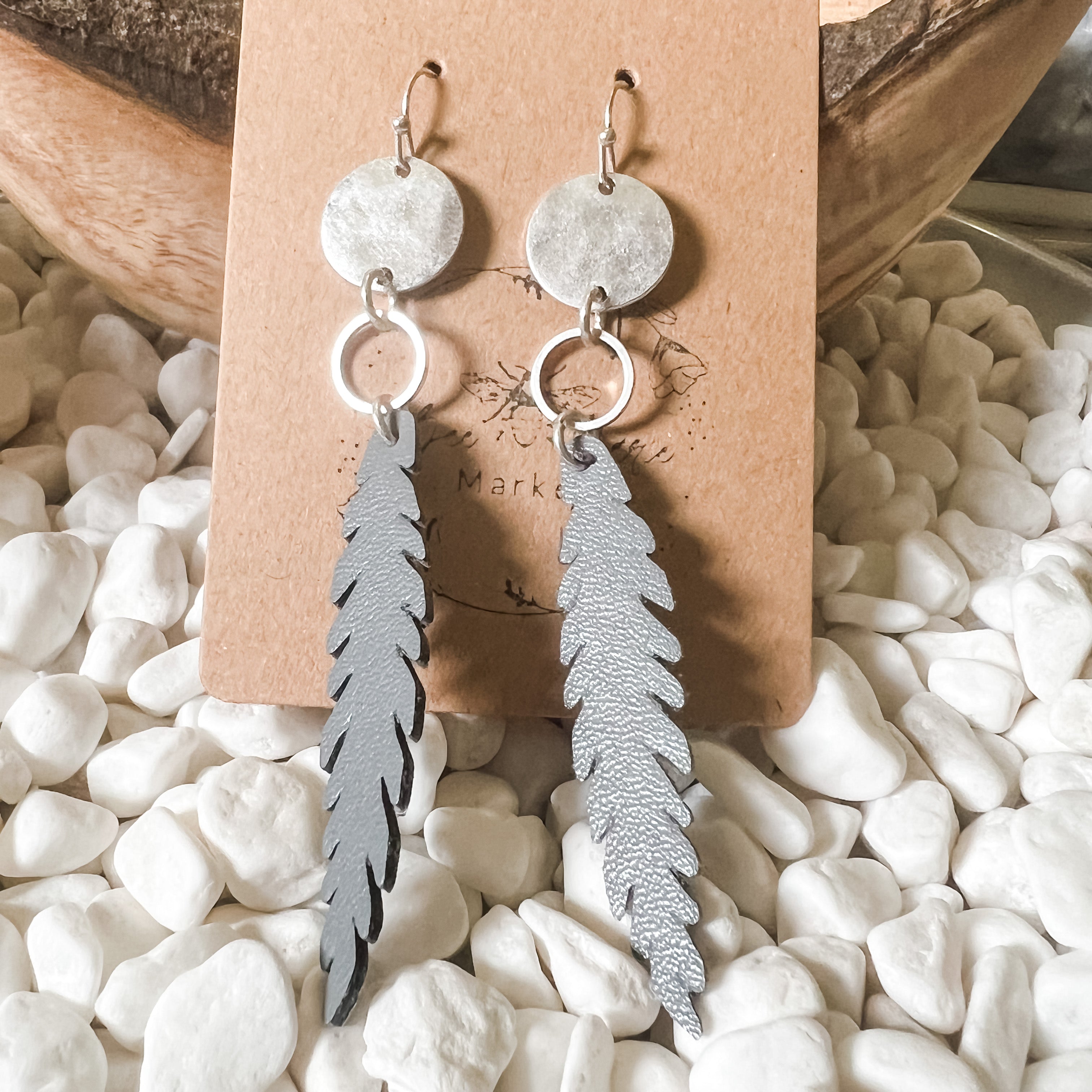 Silver Disc & Gray Leather Feather Earrings