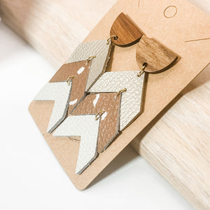 Tiered Animal Print Cork on Leather Cream, Champagne, and Caramel Arrow Earrings