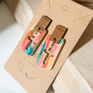 Handmade Colorful Brushstroke Cross Cutout Leather Earrings