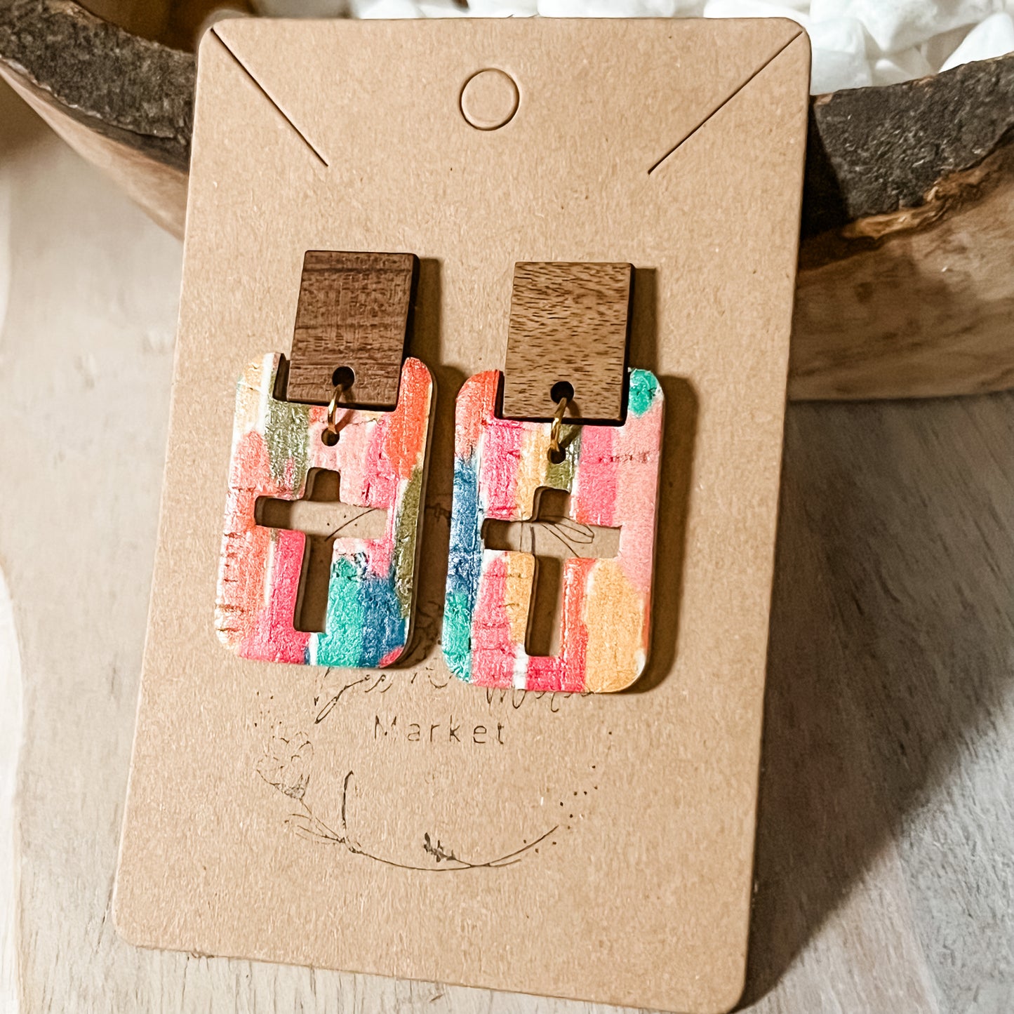Handmade Colorful Brushstroke Cross Cutout Leather Earrings